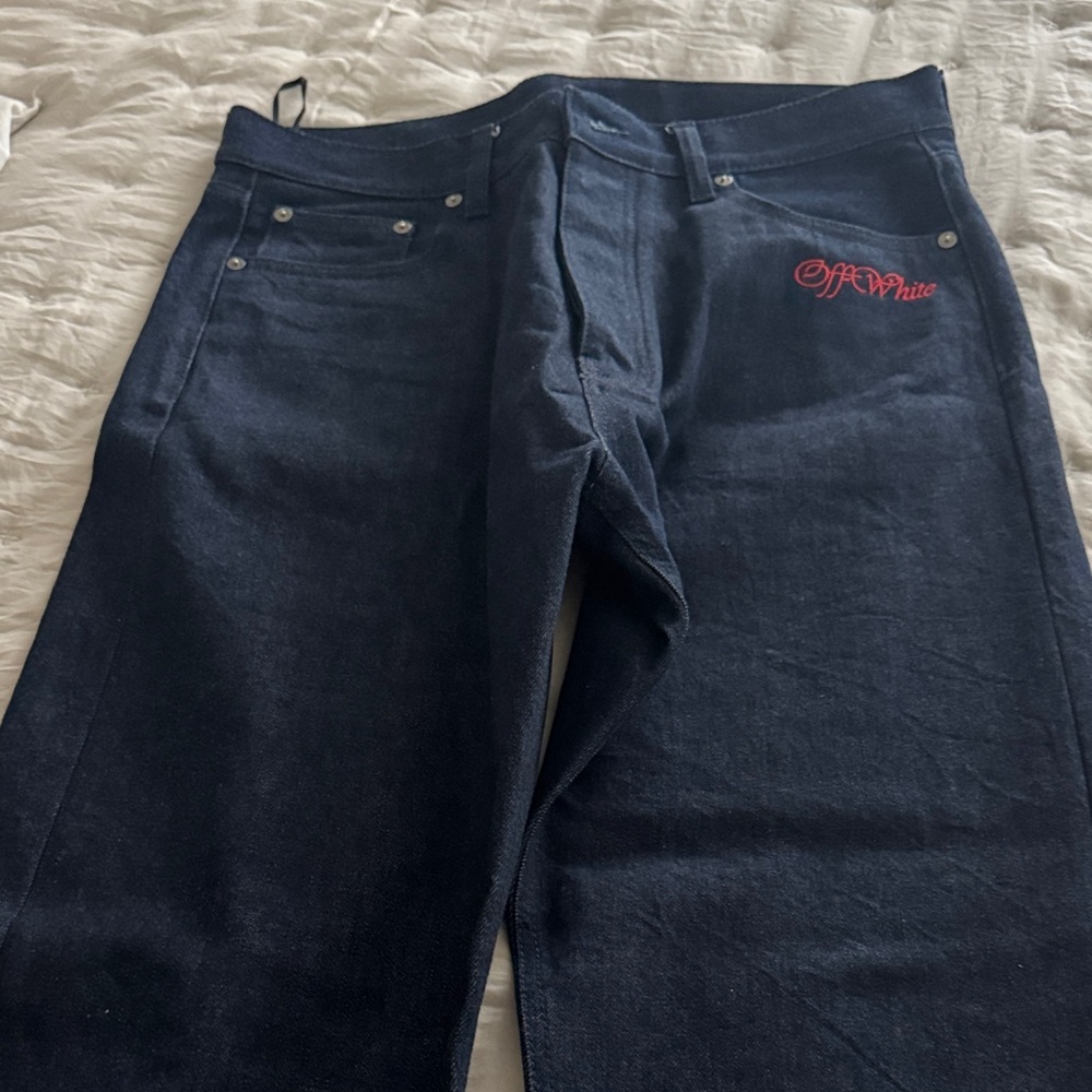 Off-White Dark Blue Relaxed Jeans with Red Logo